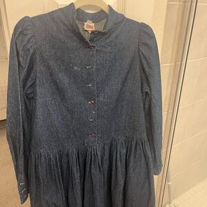 Denim Long-Sleeve Dress with Red Buttons